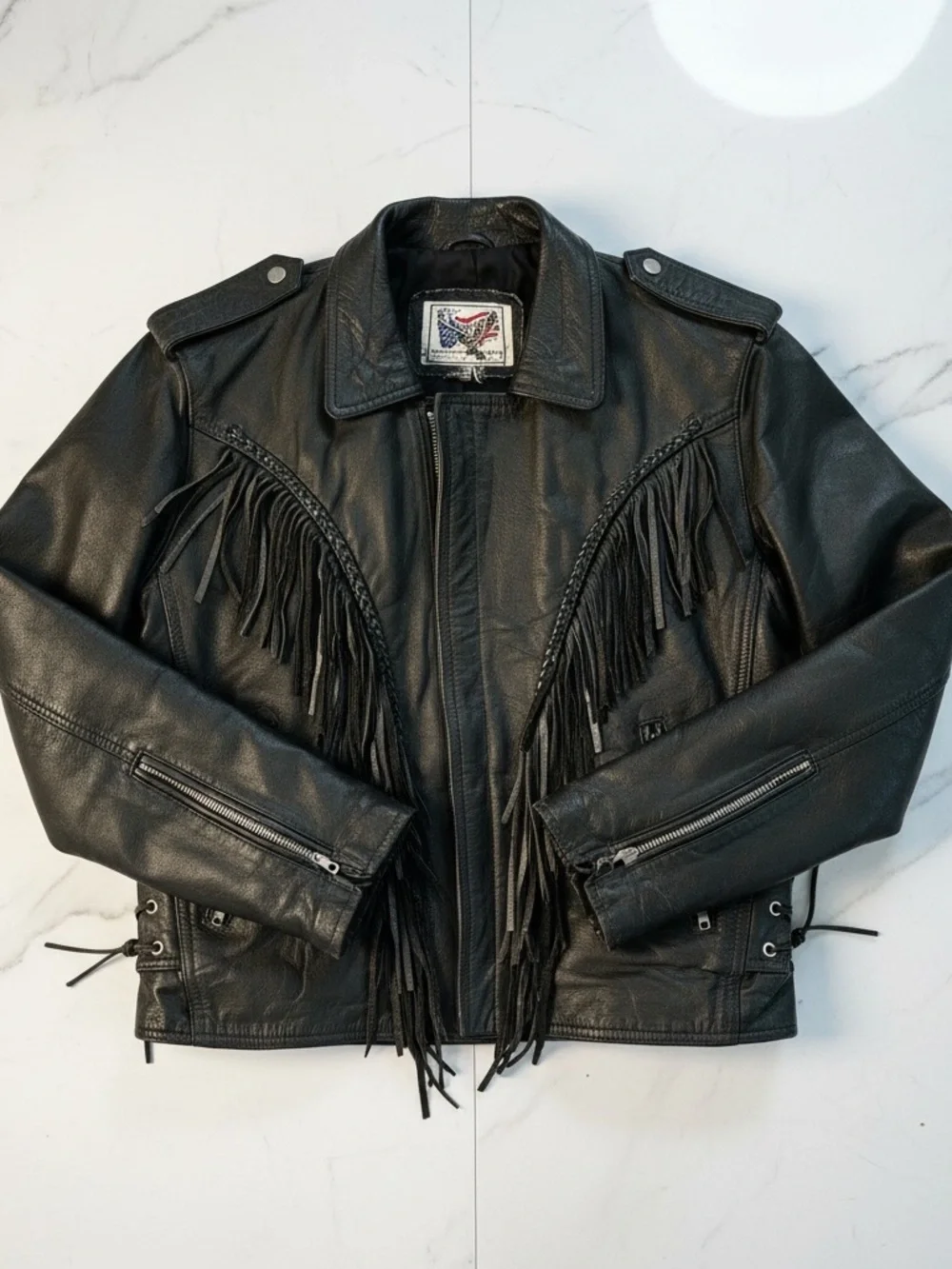 Vintage American Leather Fringe Jacket Black Western - Picture 2 of 5